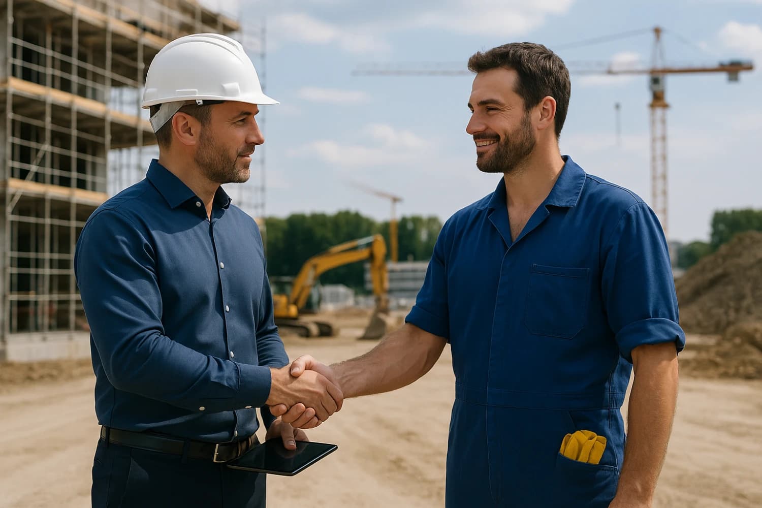 Artisan et entrepreneur se serrant la main sur un chantier de construction